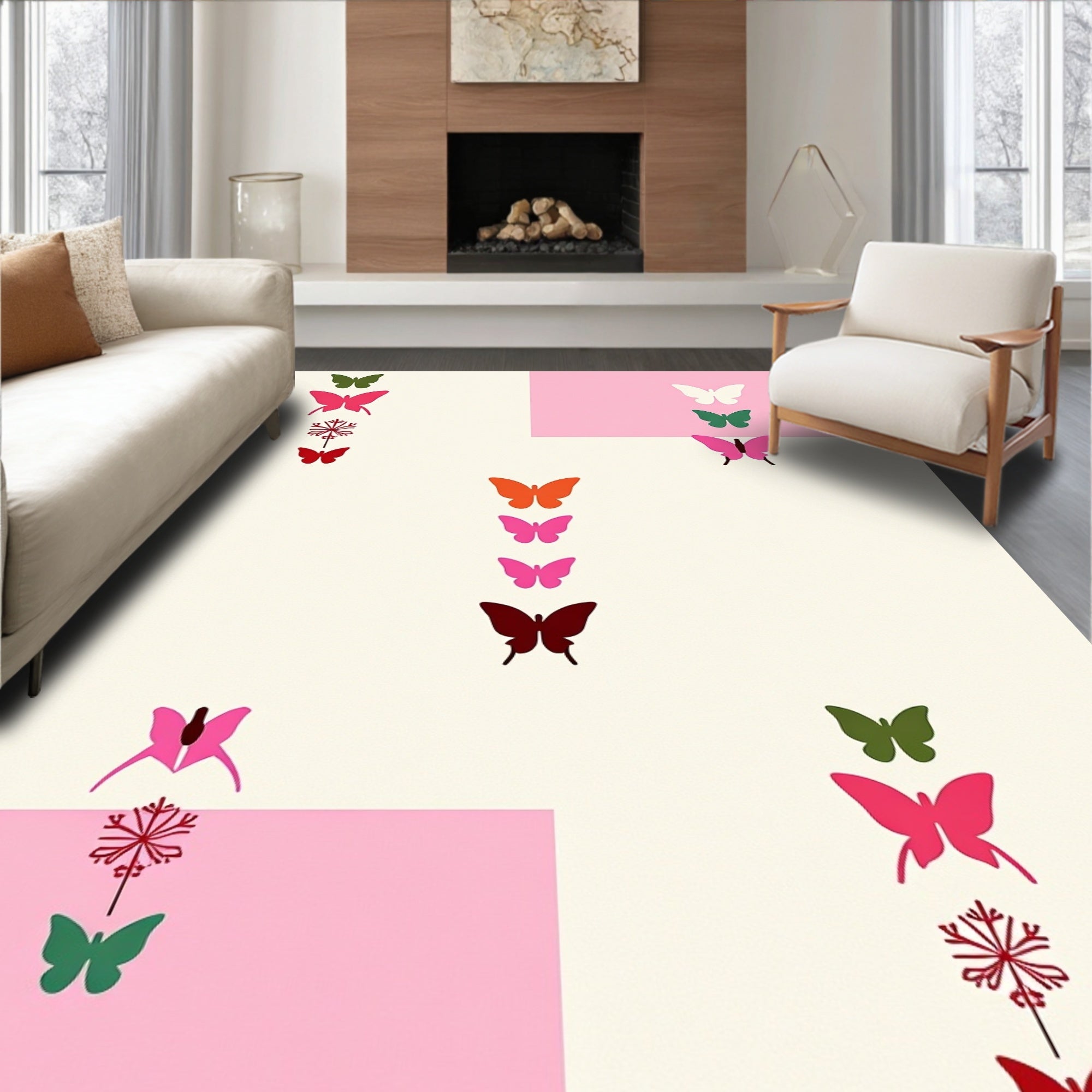 Colorful Butterflies Snowflakes Garden Display Rug