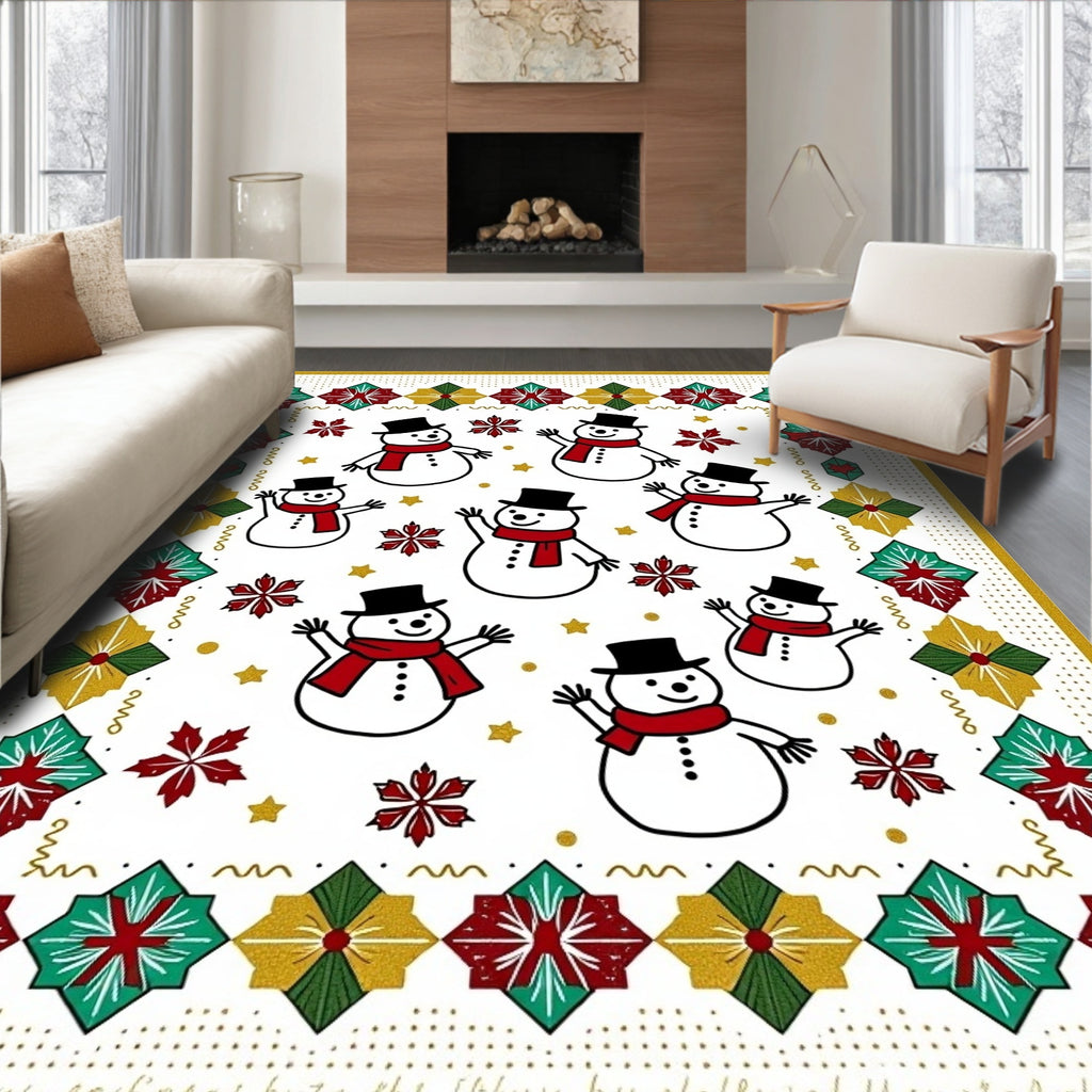Red Green Gold Snowman Holiday Border Rug