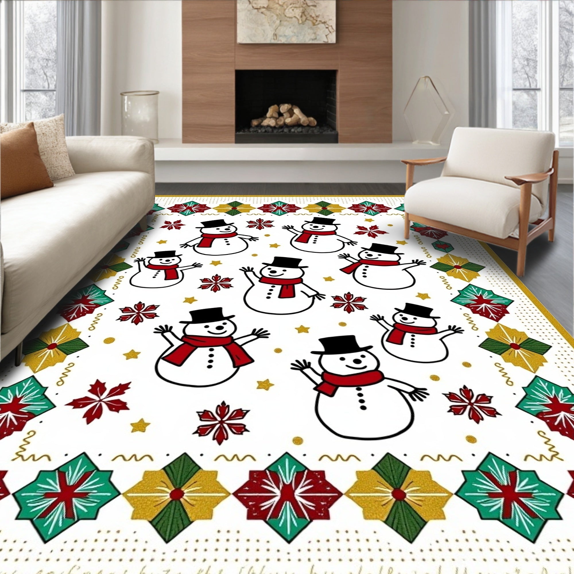 Red Green Gold Snowman Holiday Border Rug