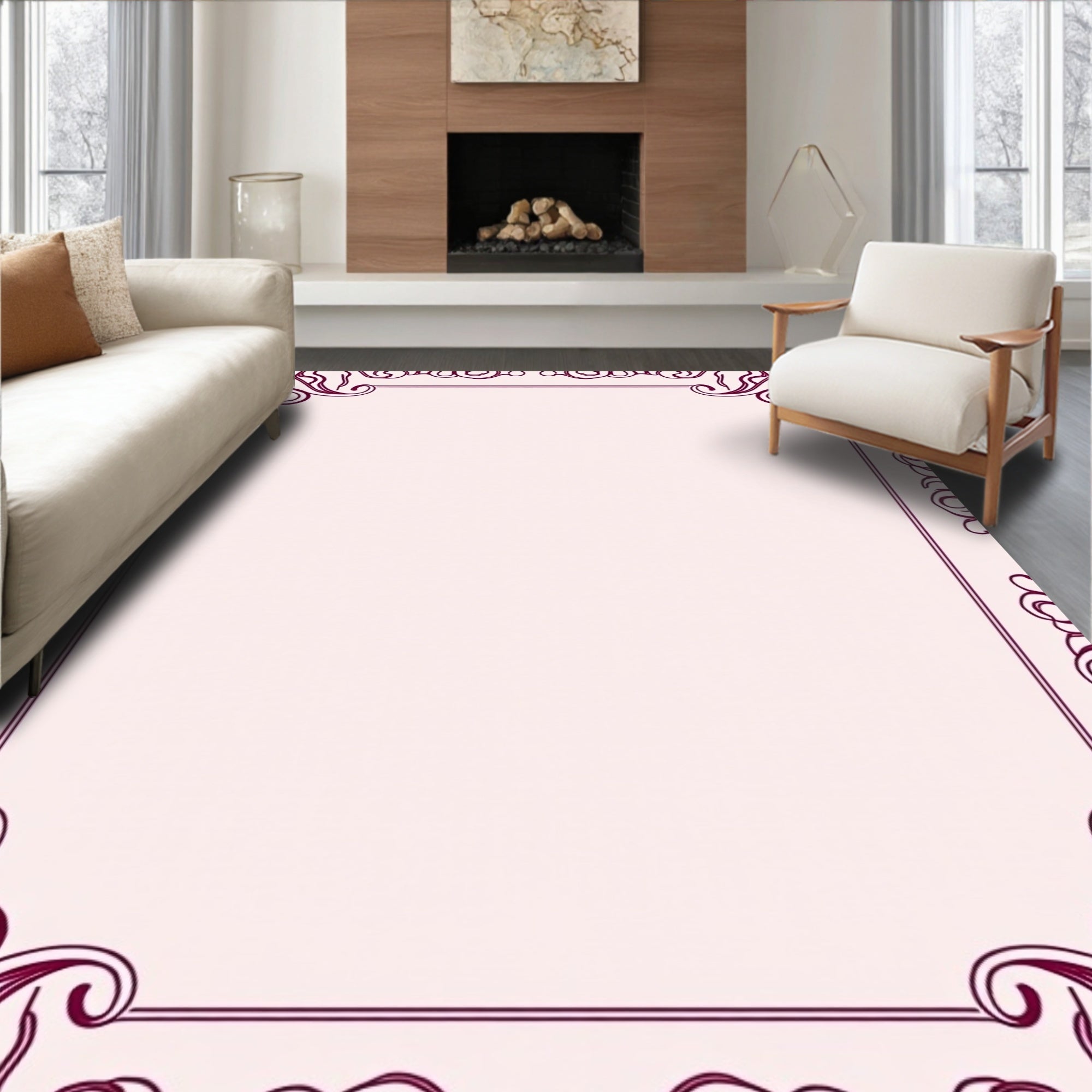 Deep Burgundy Swirl Floral Border Rug