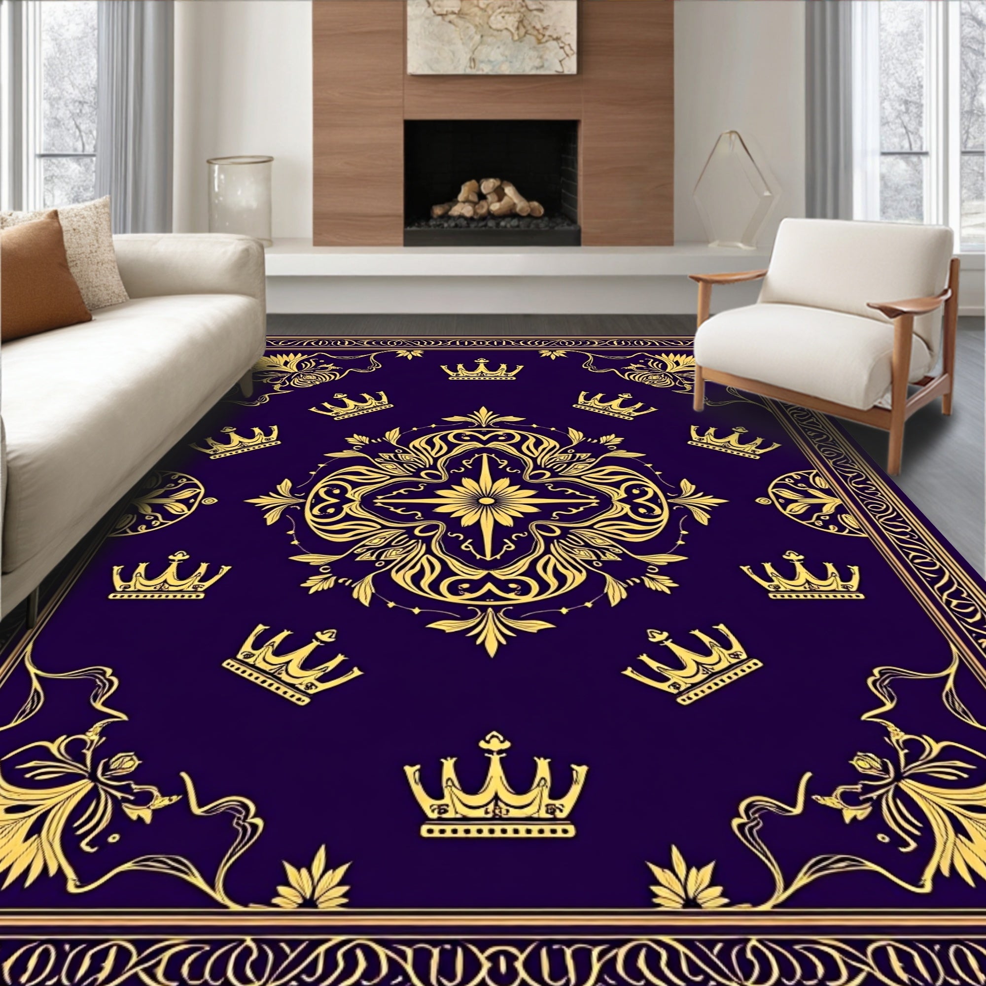 Deep Purple Gold Crown Emblem Rug