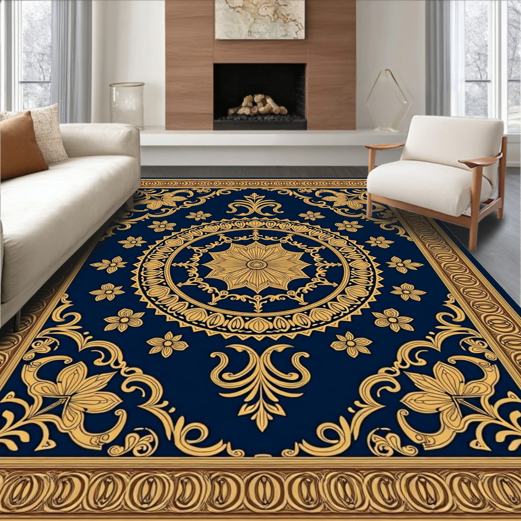 Ornate Gold Medallion Navy Rug