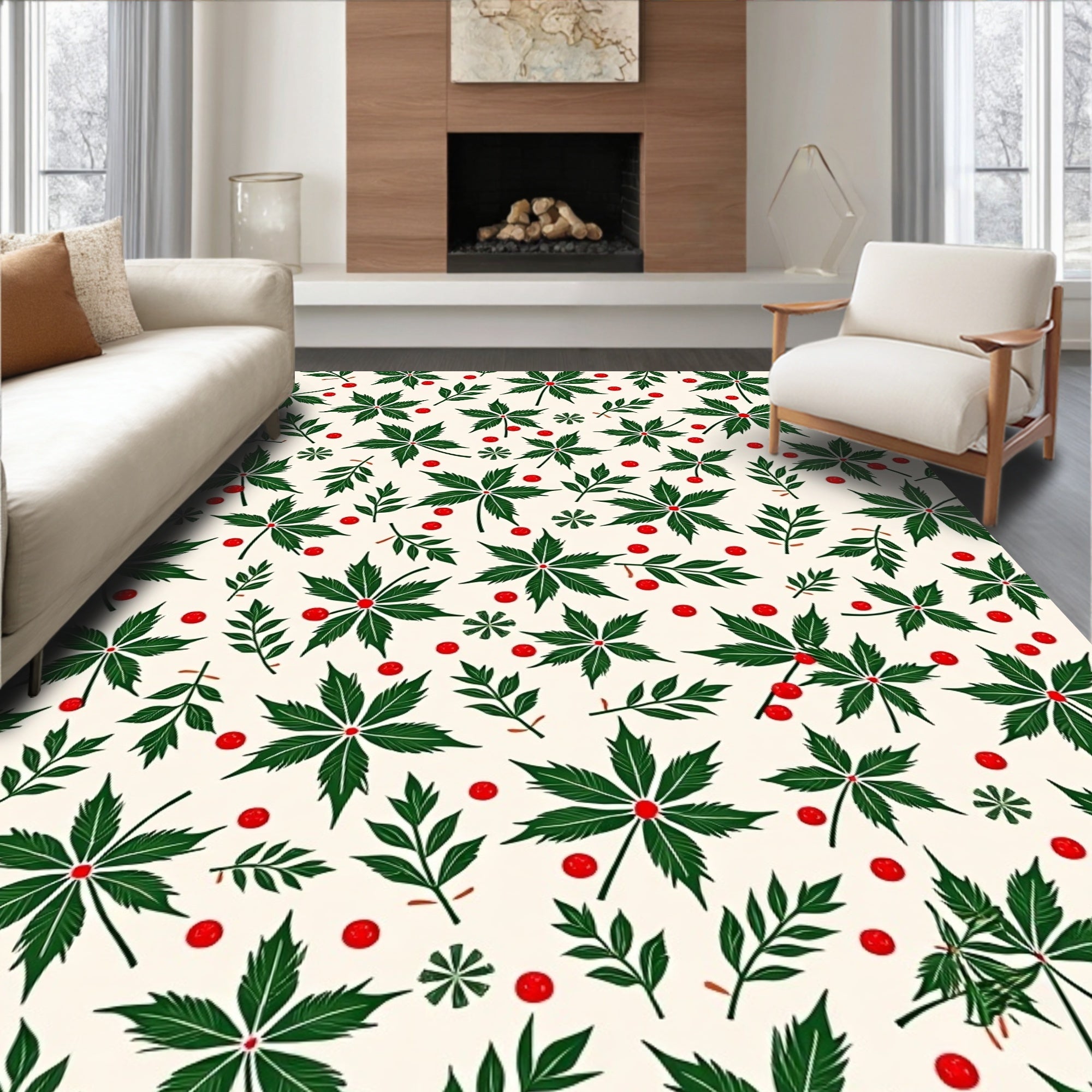 Vintage Green Leaf Red Berry Meadow Rug