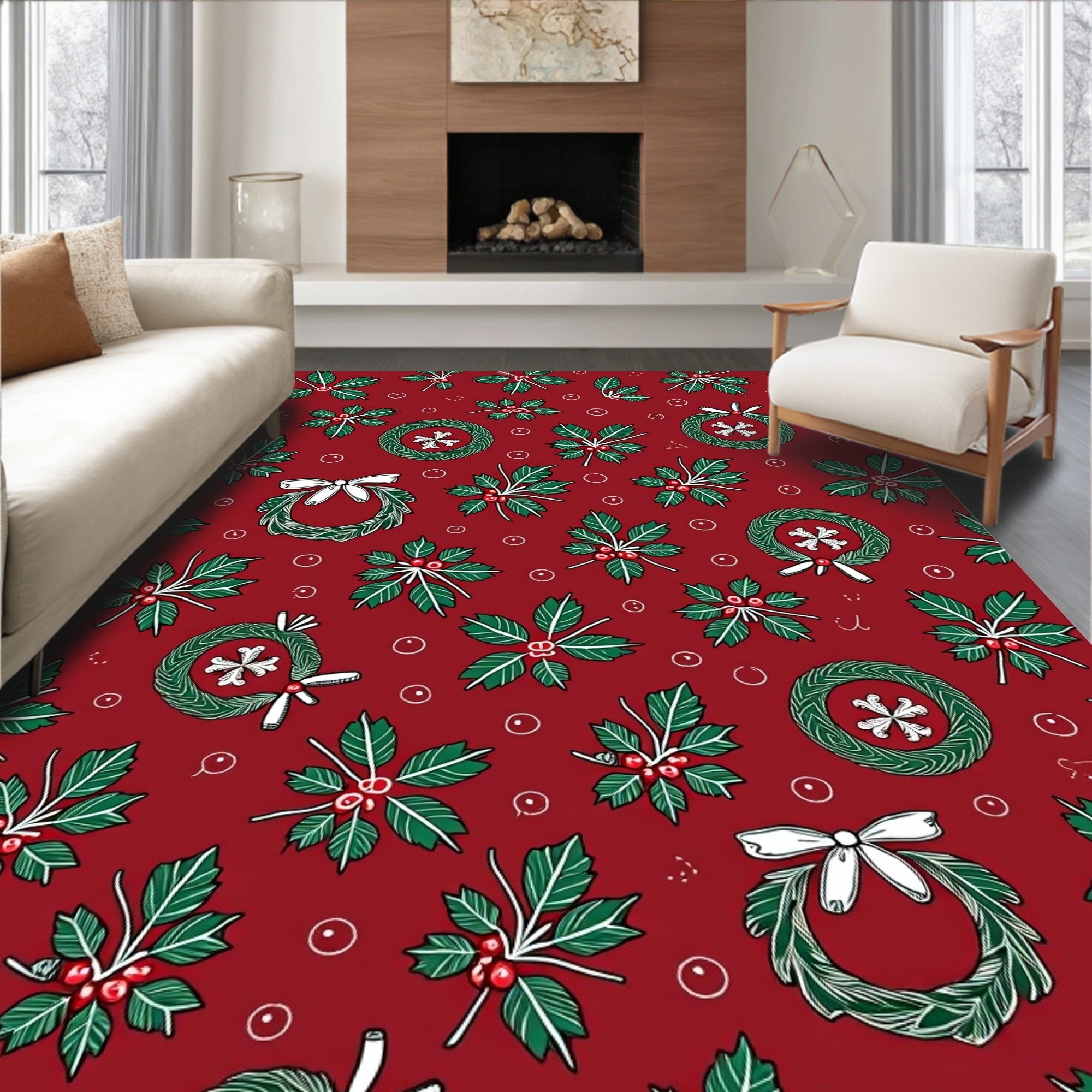 Christmas Holly Wreath Berry Garland Rug
