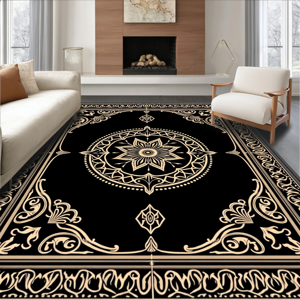 Black and Gold Ornamental Mandala Rug