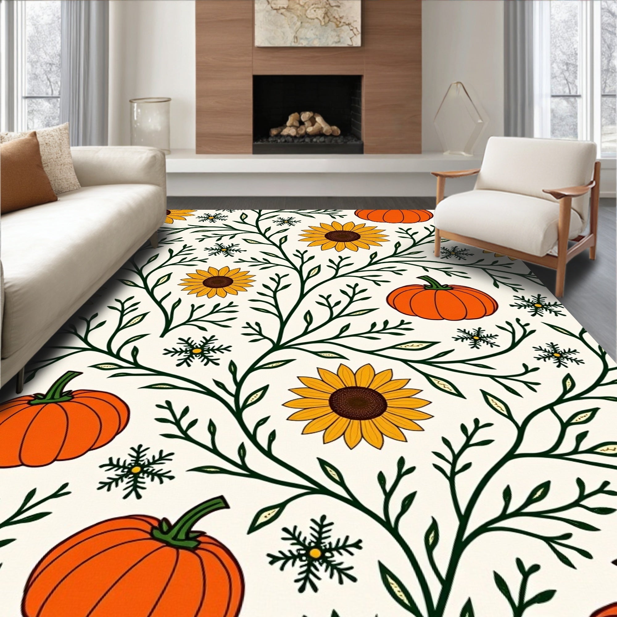 Autumn Harvest Sunflower Pumpkin Branches Rug