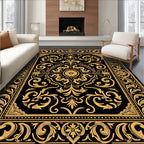 Elegant Gold Black Floral Scrollwork Medallion Rug
