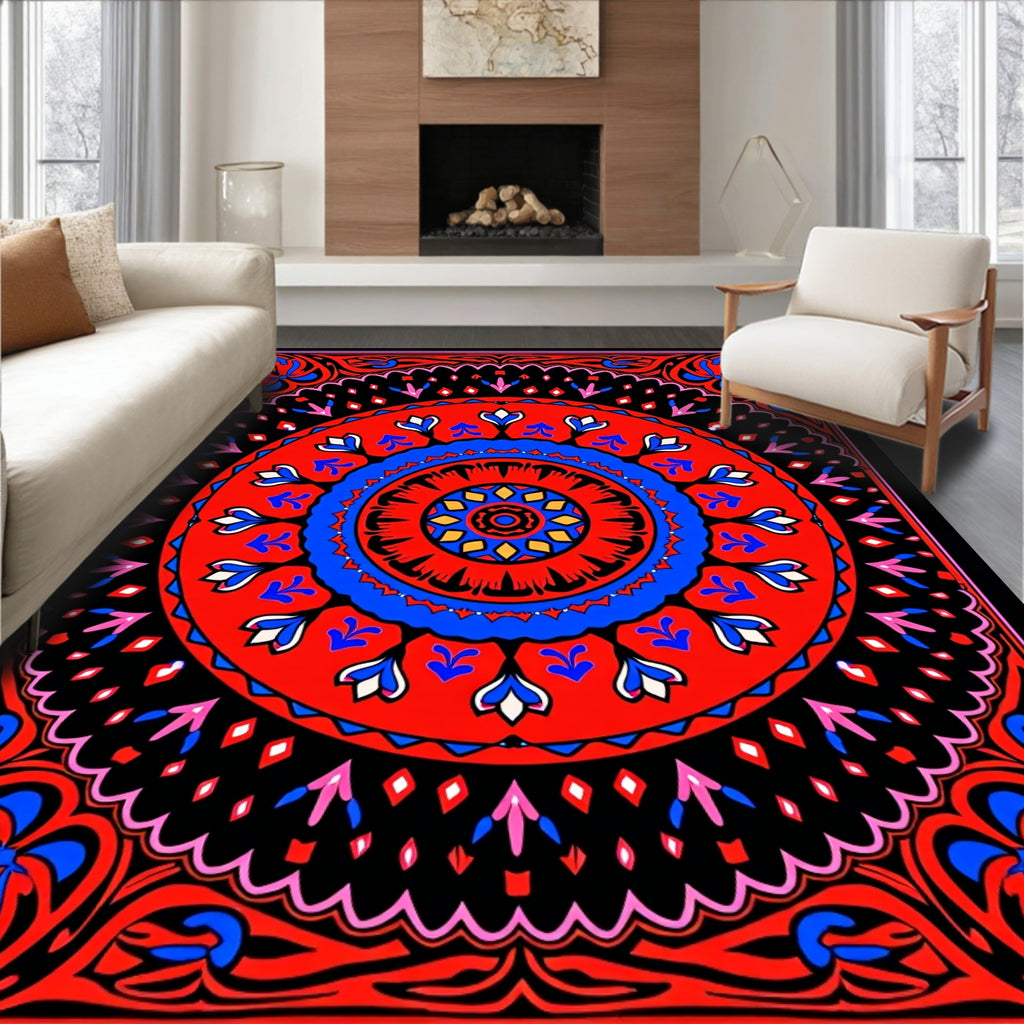 Vibrant Red Blue Floral Mandala Rug