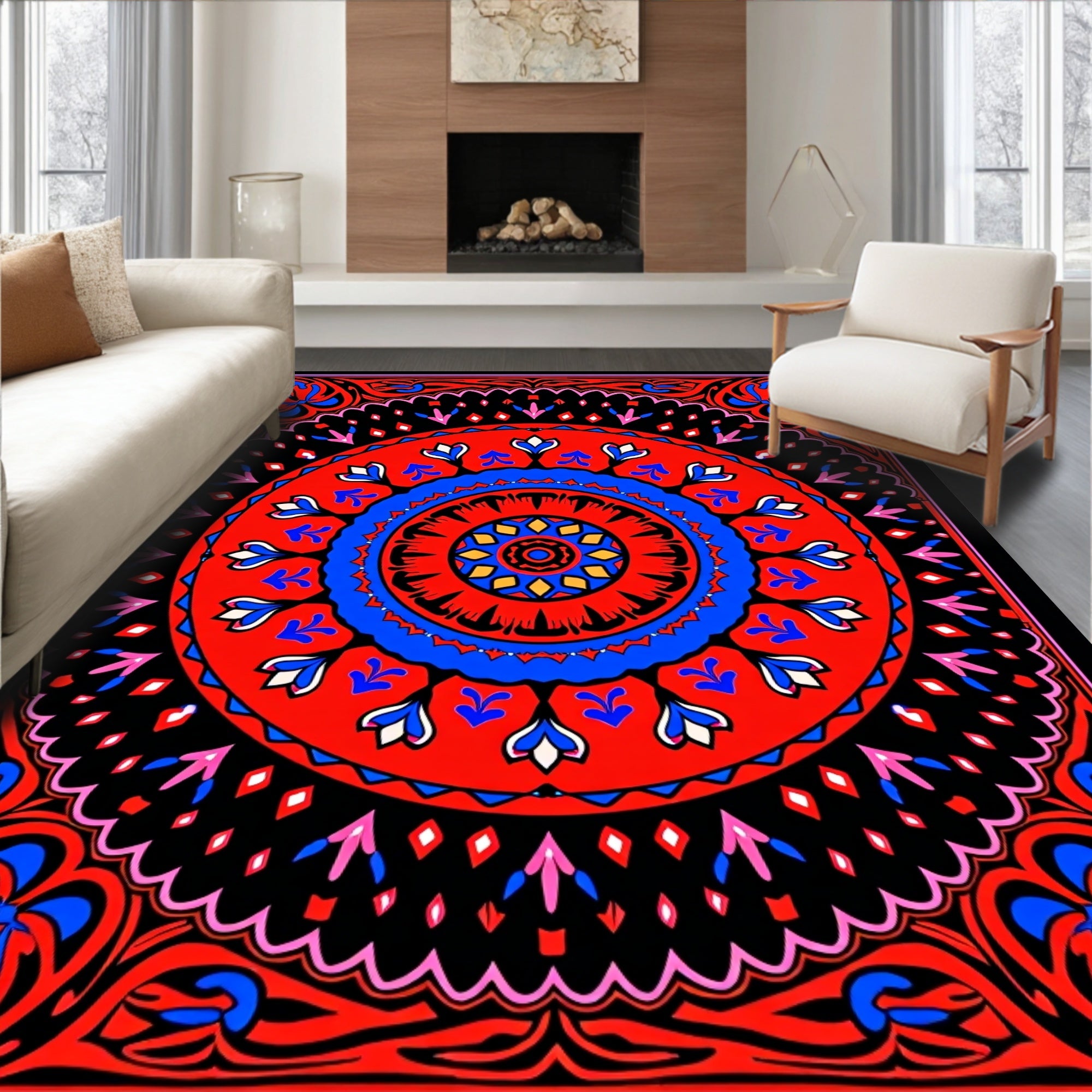 Vibrant Red Blue Floral Mandala Rug