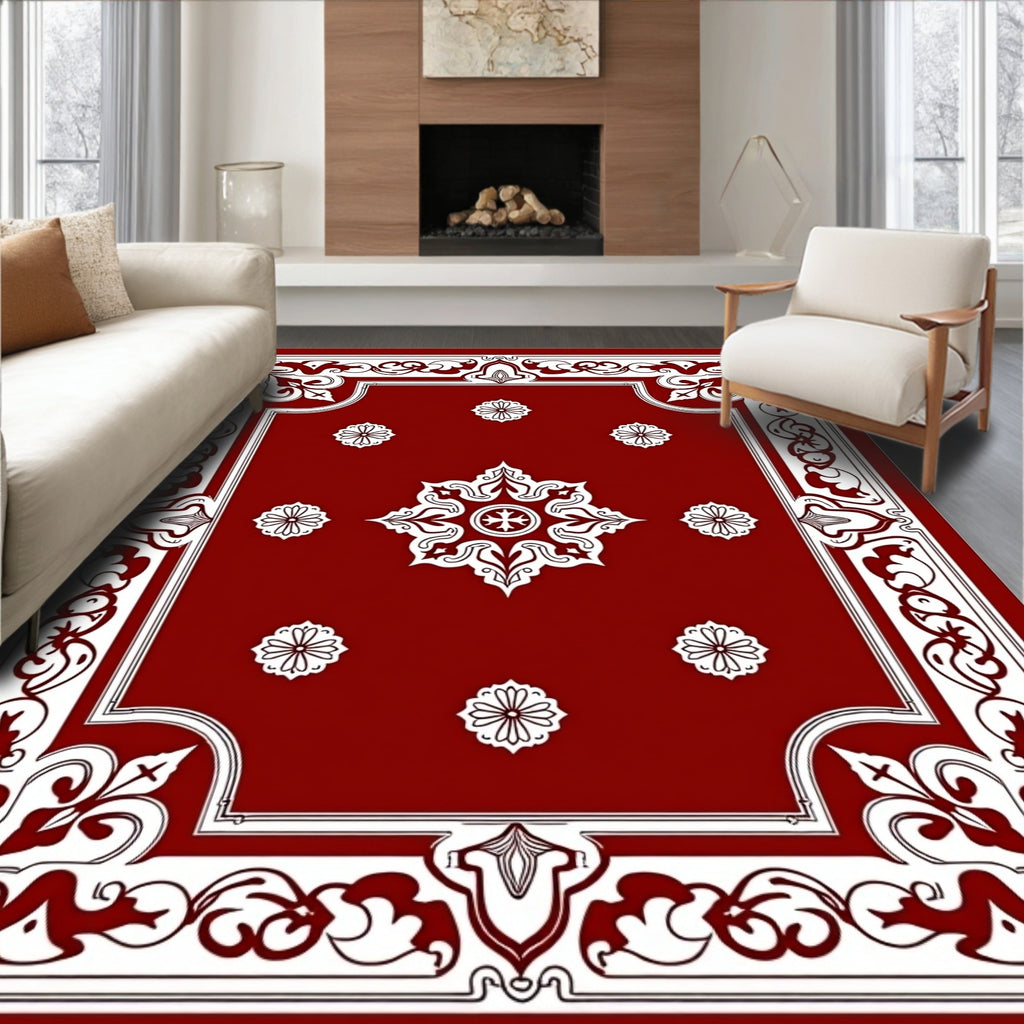 Deep Red Intricate Floral Square Rug