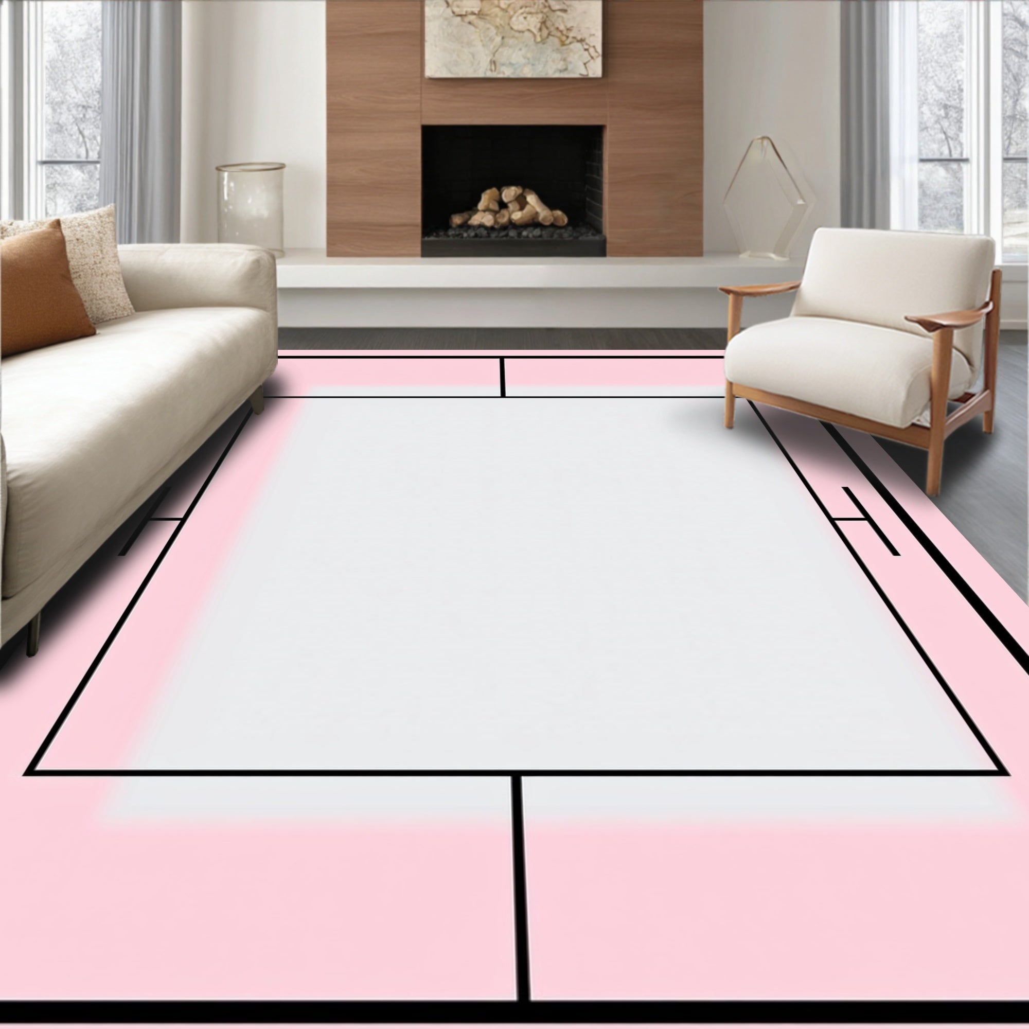 Modern Pink Geometric Layered Frame Rug