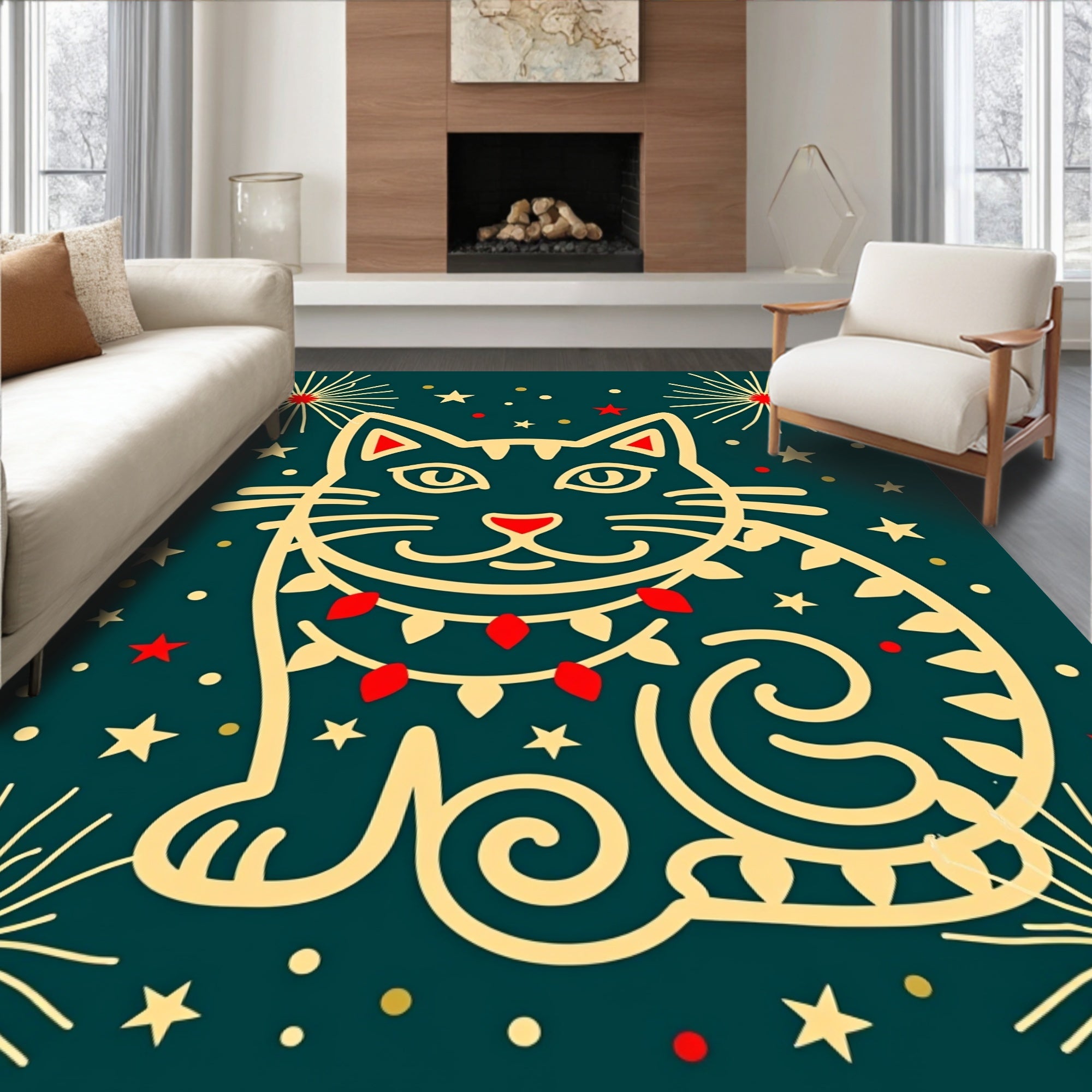 Festive Teal Cat Firework Celebration Rug