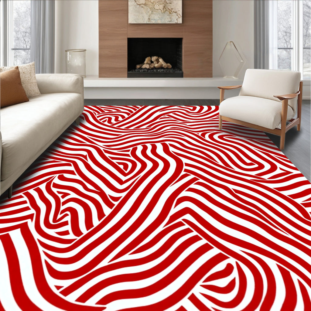 Crimson White Wavy Stripe Rug