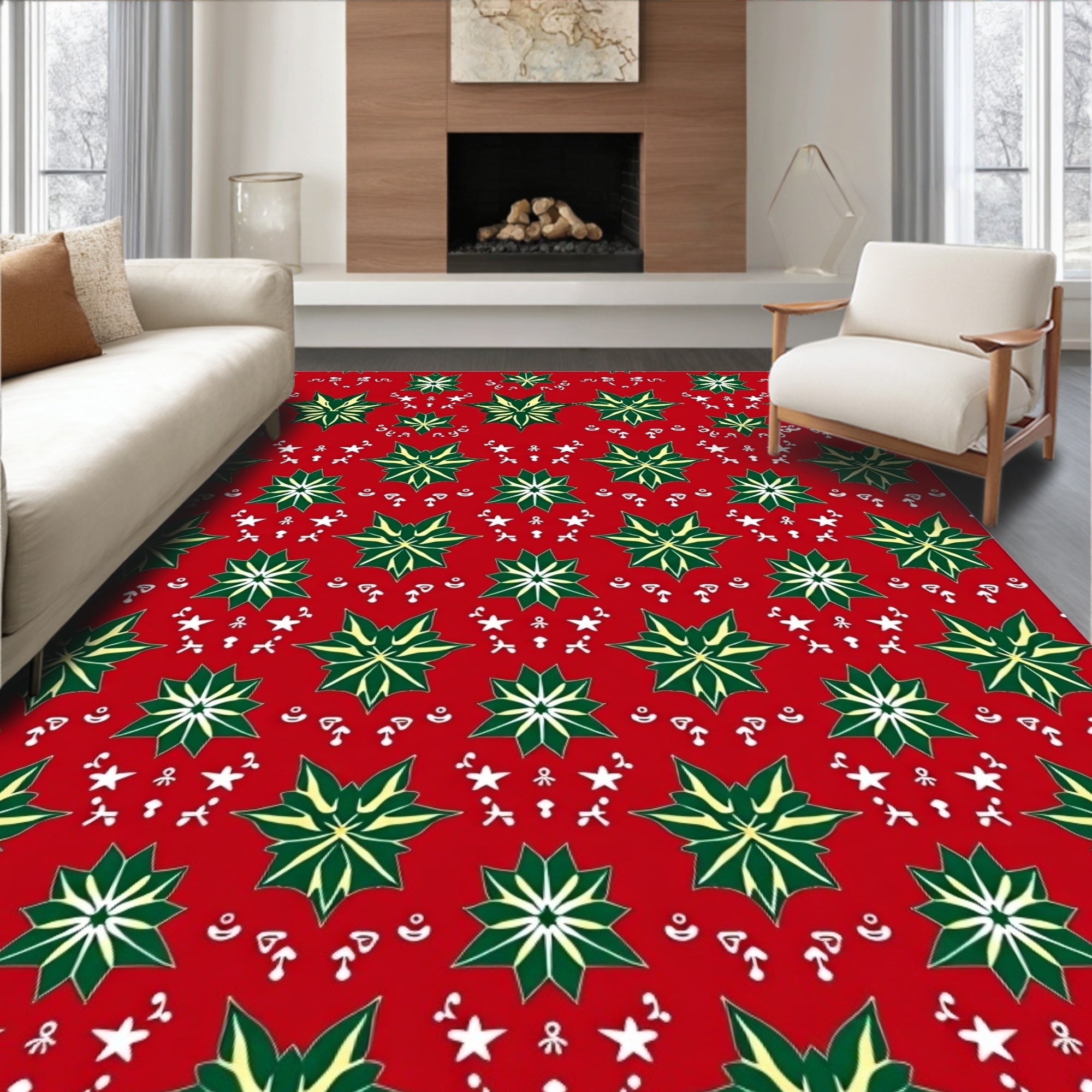 Emerald Green Starburst Red Background Rug