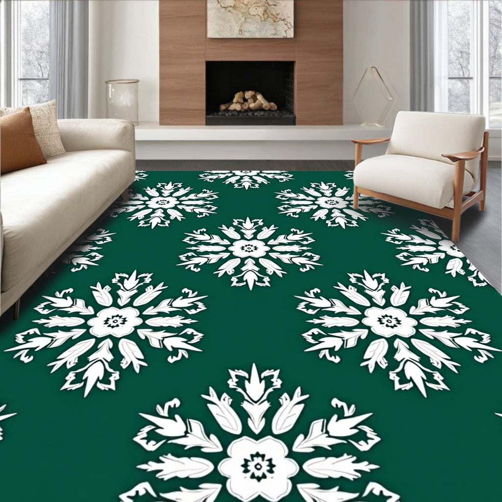Dark Teal White Floral Medallion Rug
