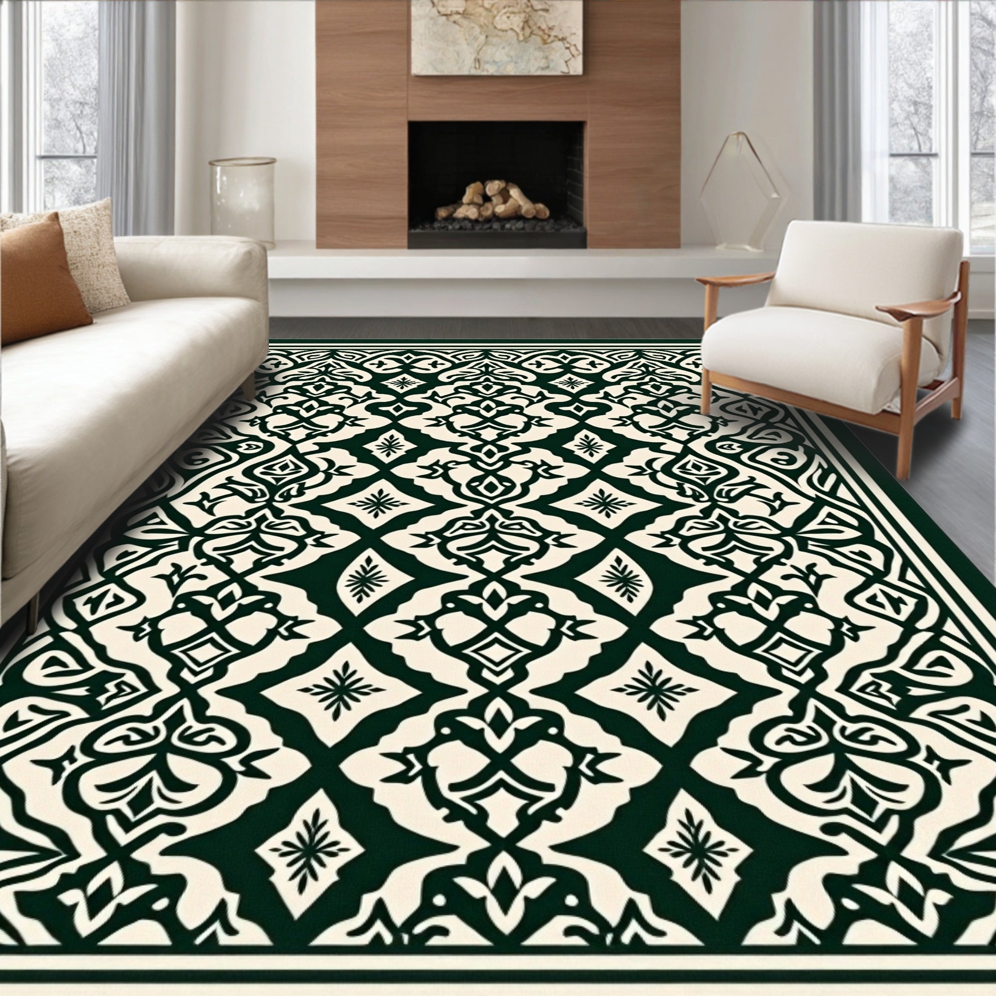 Cream And Forest Green Medallion Rug