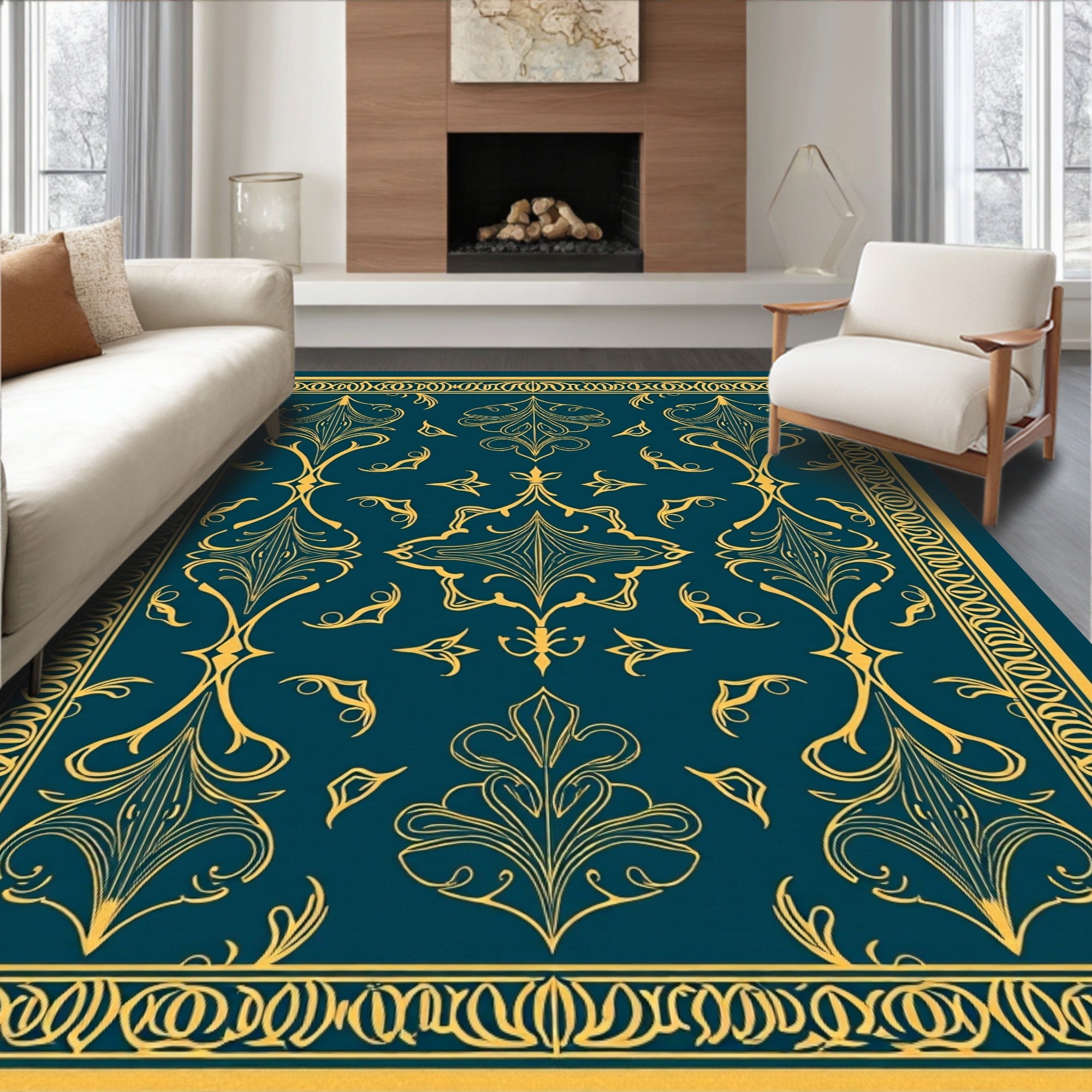 Gold Teal Victorian Scrollwork Rug
