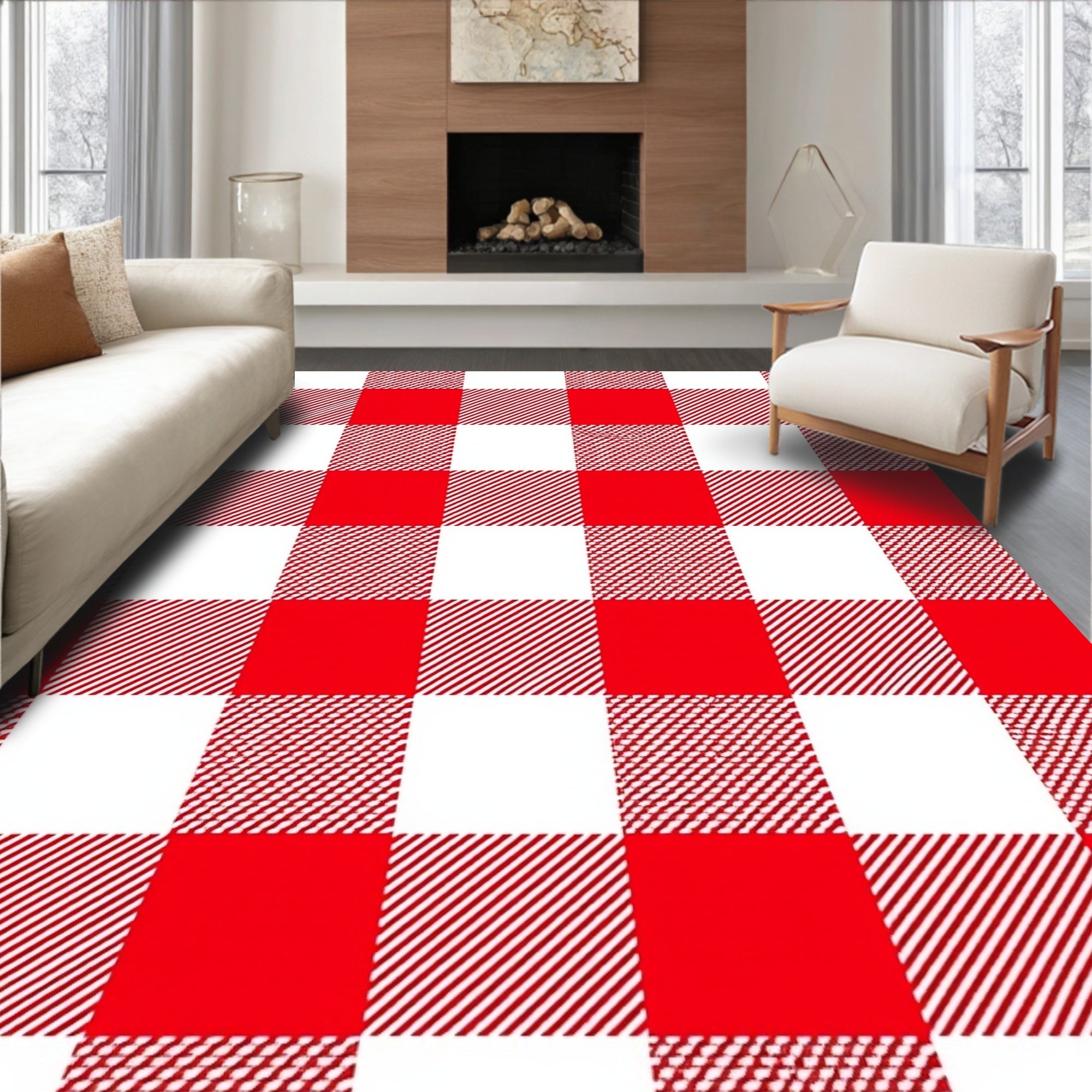 Bold Red White Gingham Check Rug