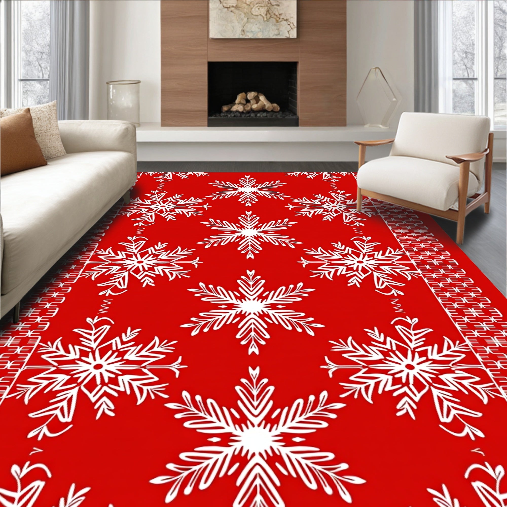 Crimson Snowflake Lattice Border Rug