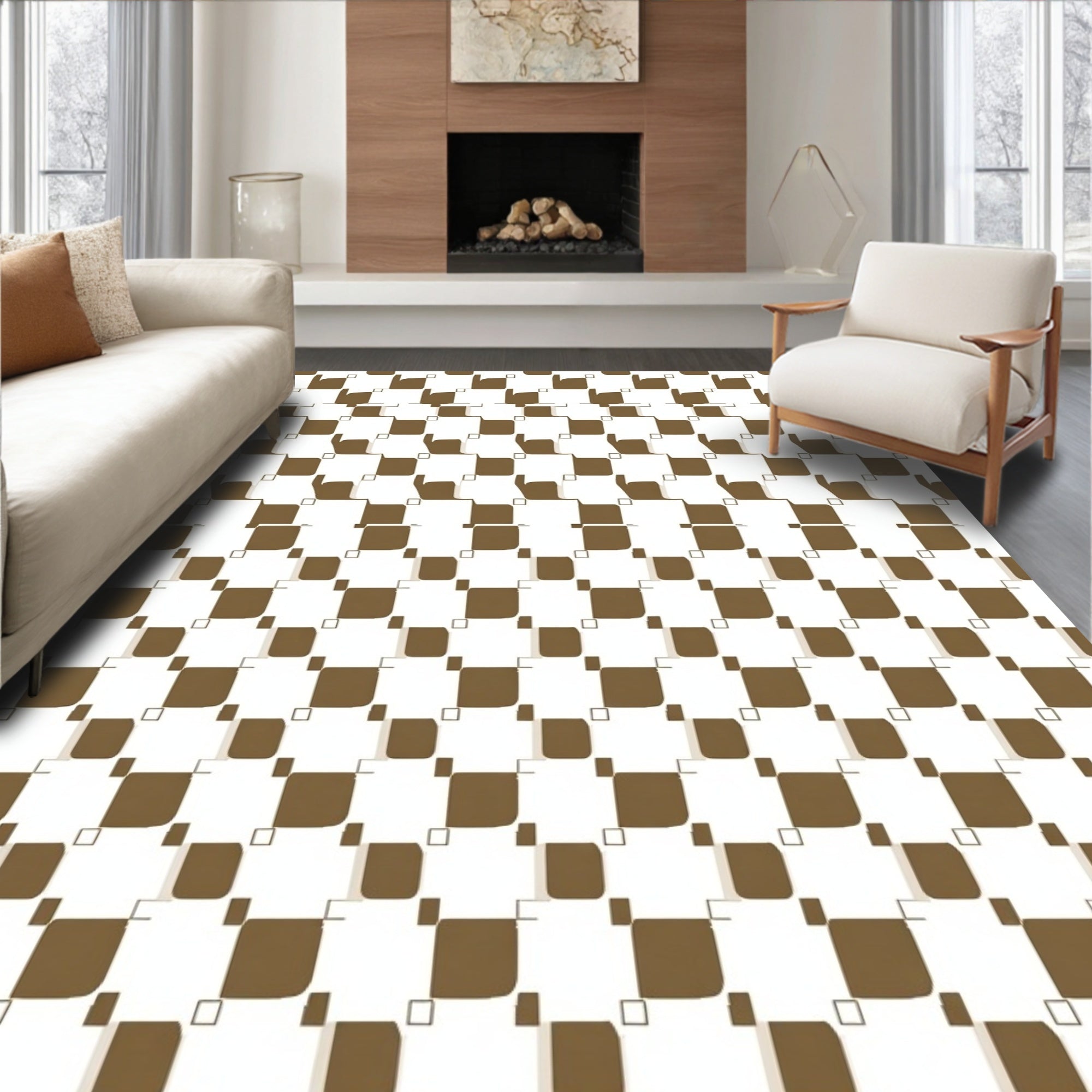 Brown White Geometric Interlocking Squares Rug