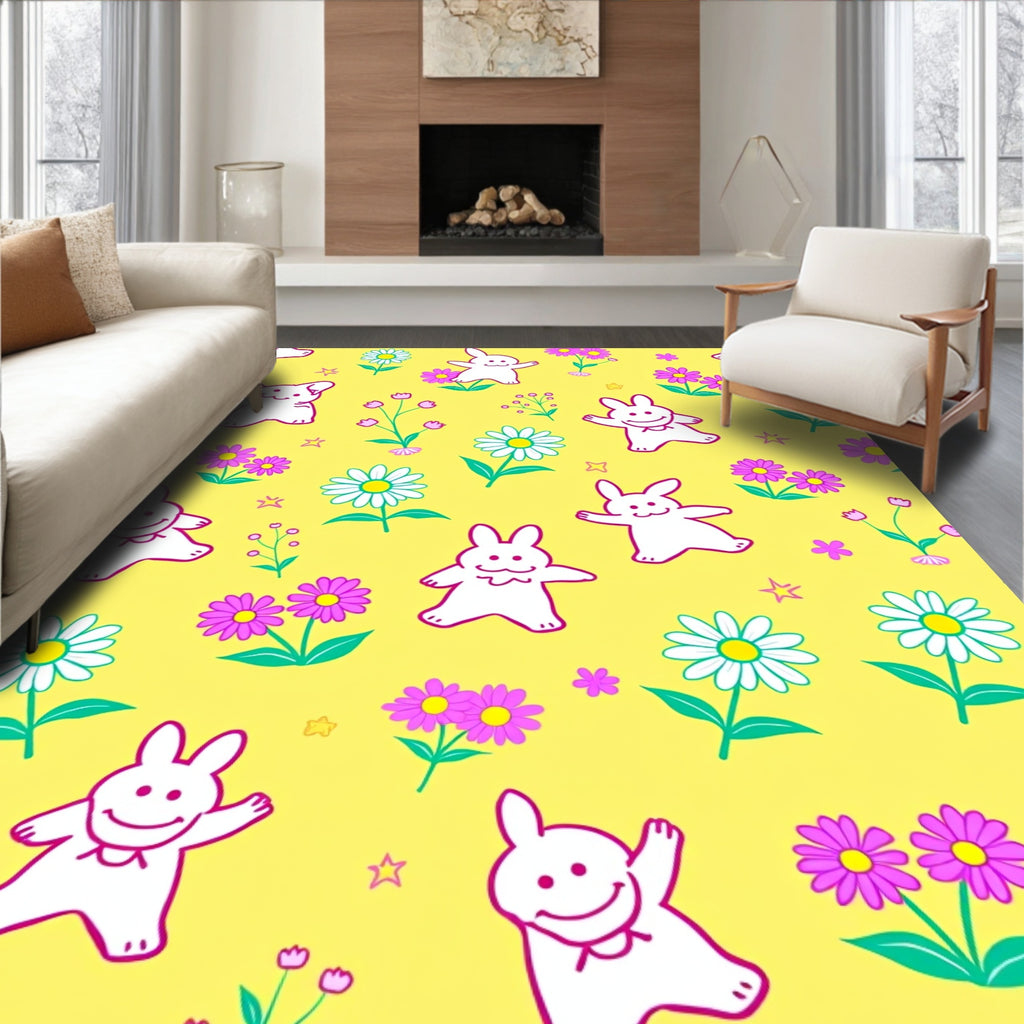 Charming White Bunnies Pink Flowers Yellow Rug