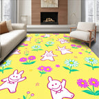 Charming White Bunnies Pink Flowers Yellow Rug