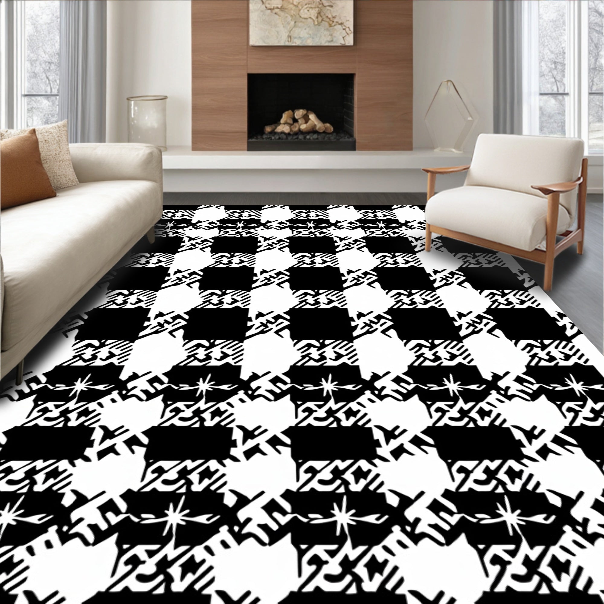 Classic Black White Houndstooth Checks Rug