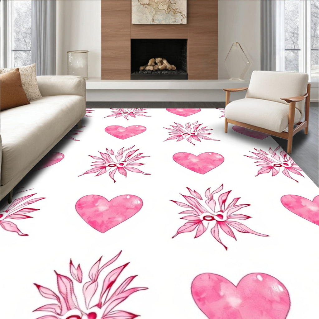 Pink Hearts and Floral Burst Rug