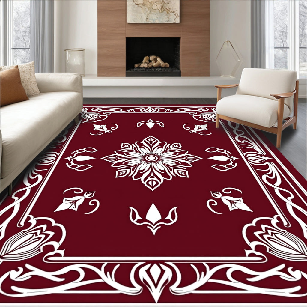 Crimson Floral Scrollwork Medallion Rug