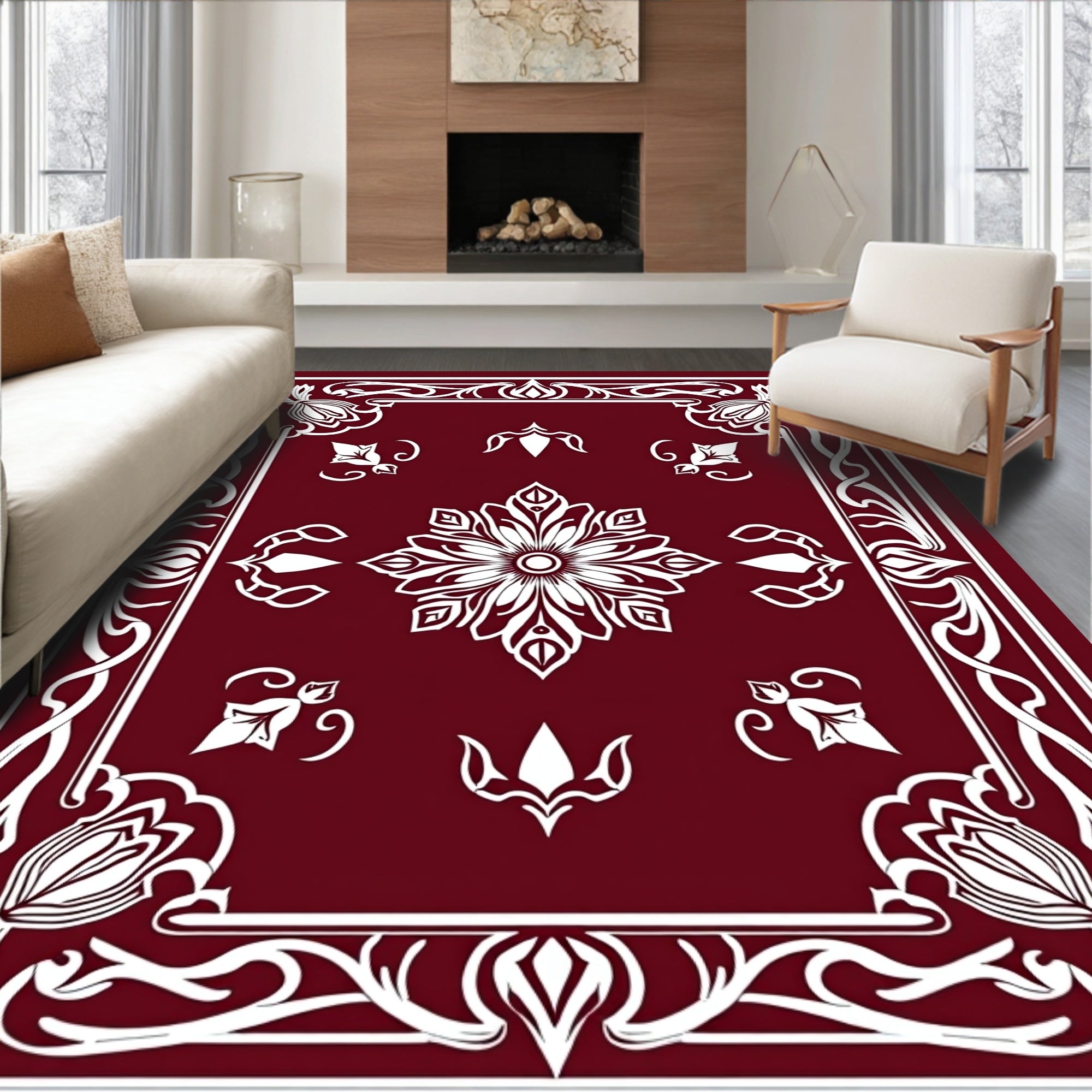 Crimson Floral Scrollwork Medallion Rug