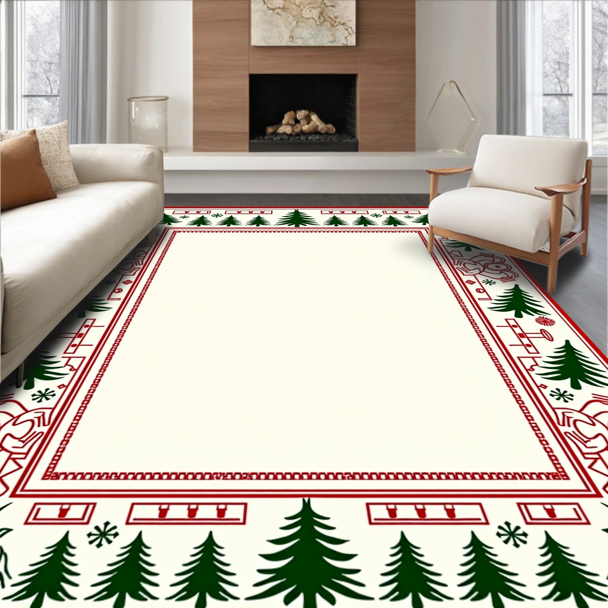 Red and Green Christmas Tree Border Rug