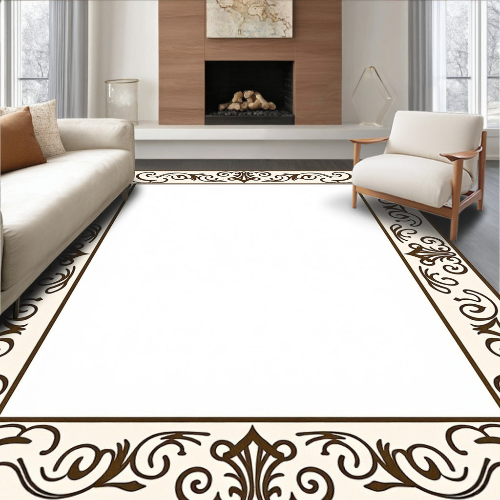 Cream and Brown Ornate Floral Border Rug