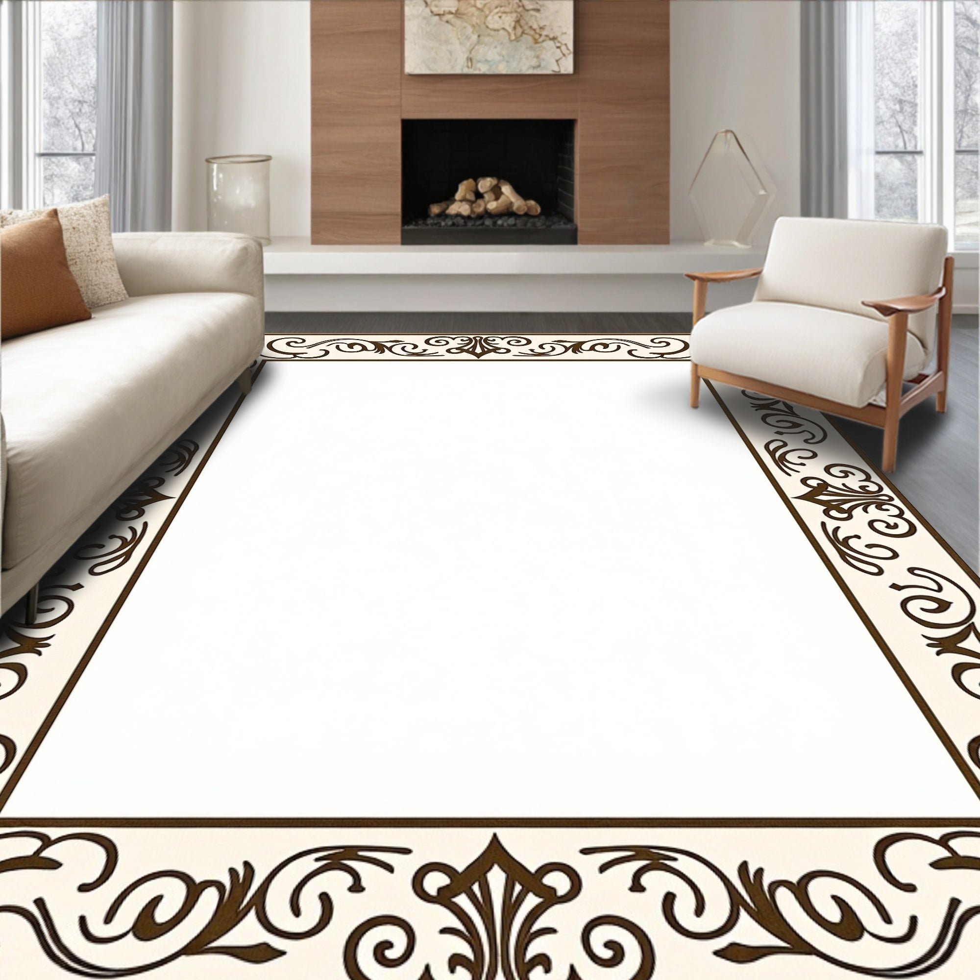 Cream and Brown Ornate Floral Border Rug