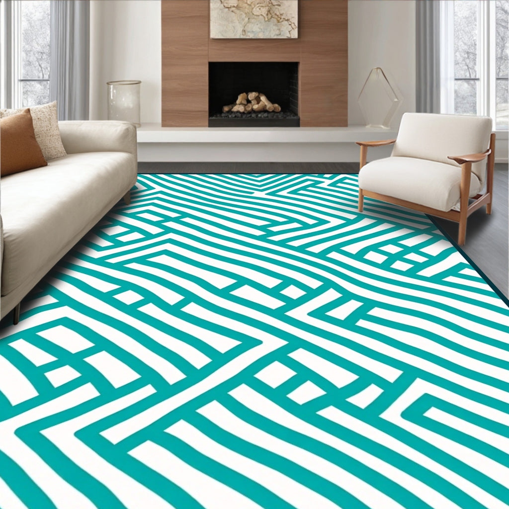 Teal White Abstract Geometric Maze Rug