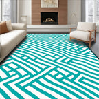 Teal White Abstract Geometric Maze Rug