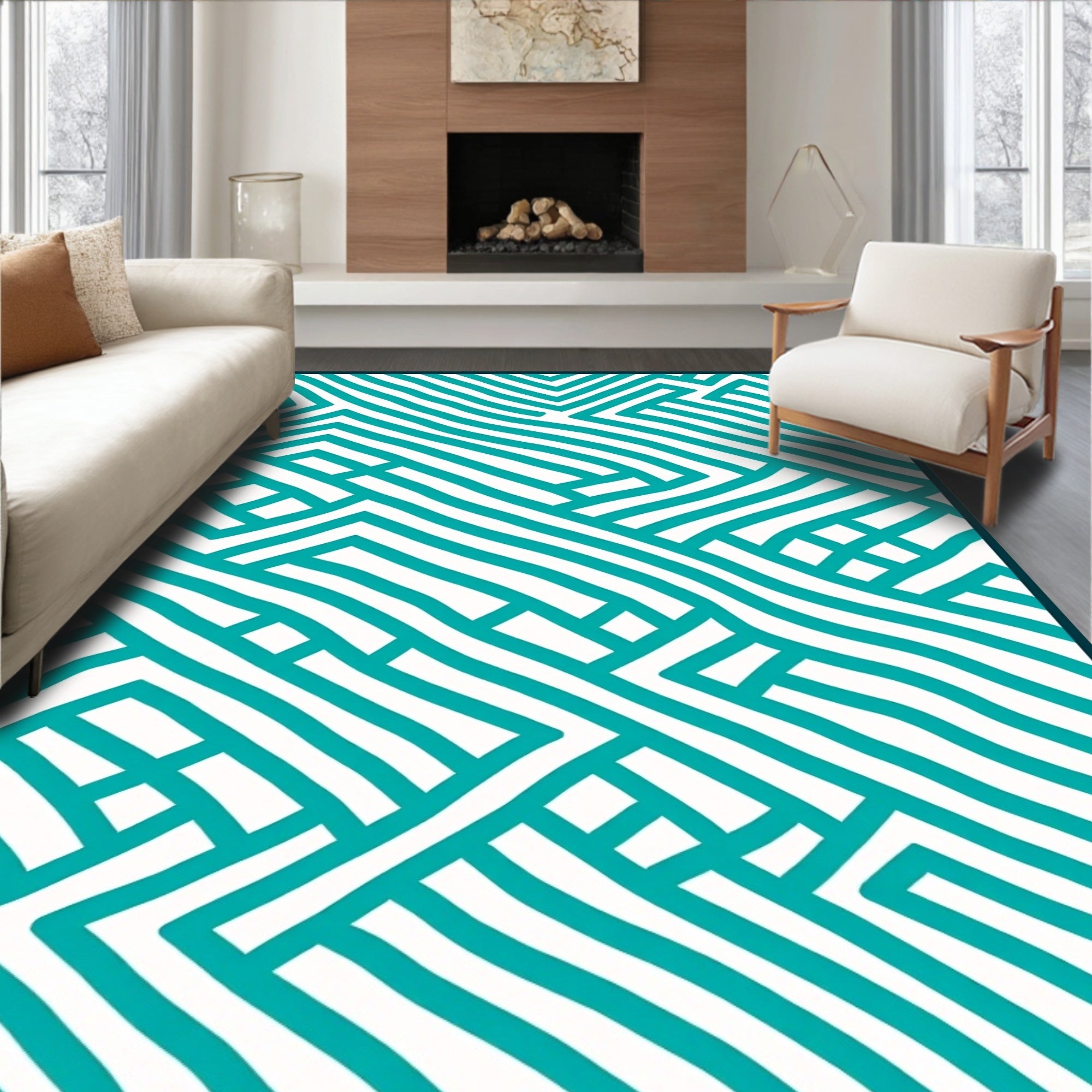 Teal White Abstract Geometric Maze Rug