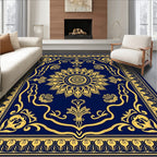 Navy Blue Gold Floral Medallion Rug