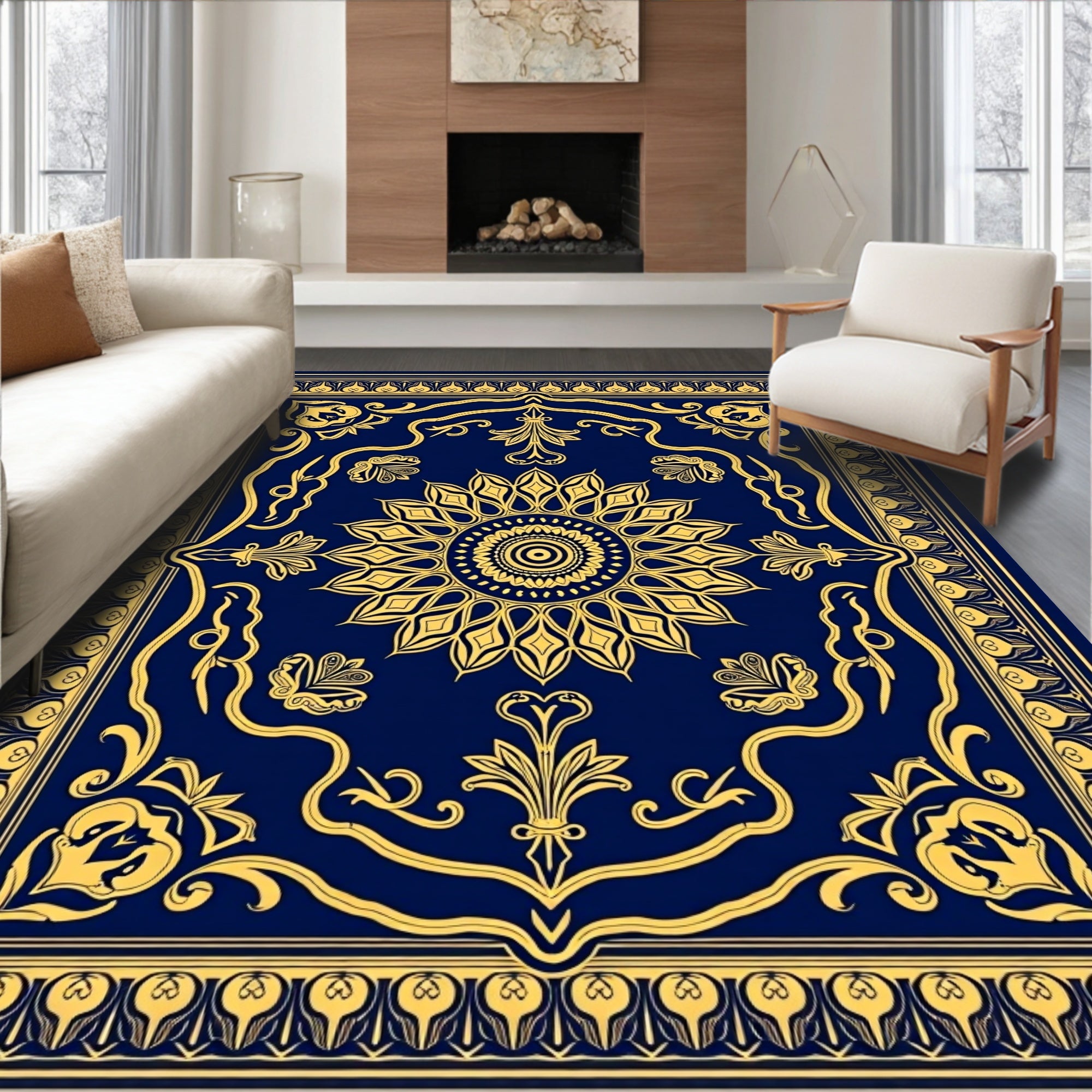 Navy Blue Gold Floral Medallion Rug