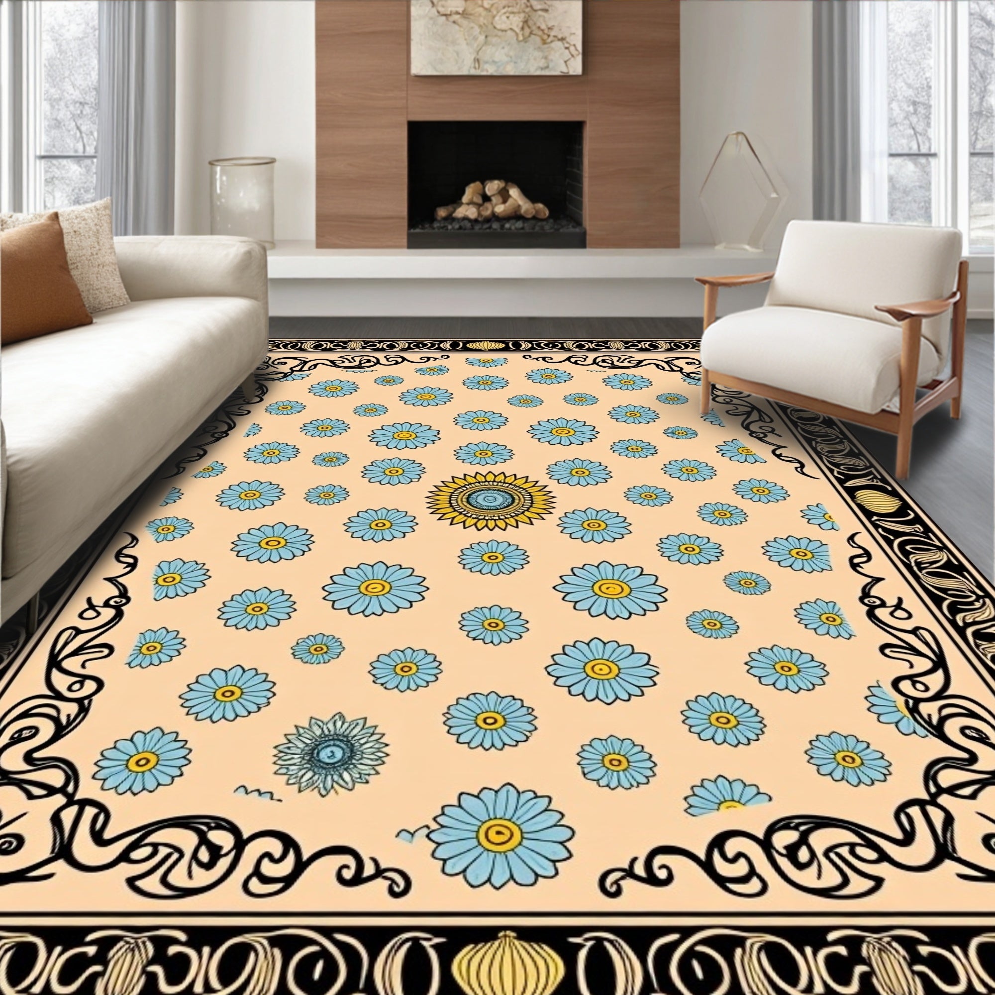 Peach Blue Daisy Scatter Border Rug