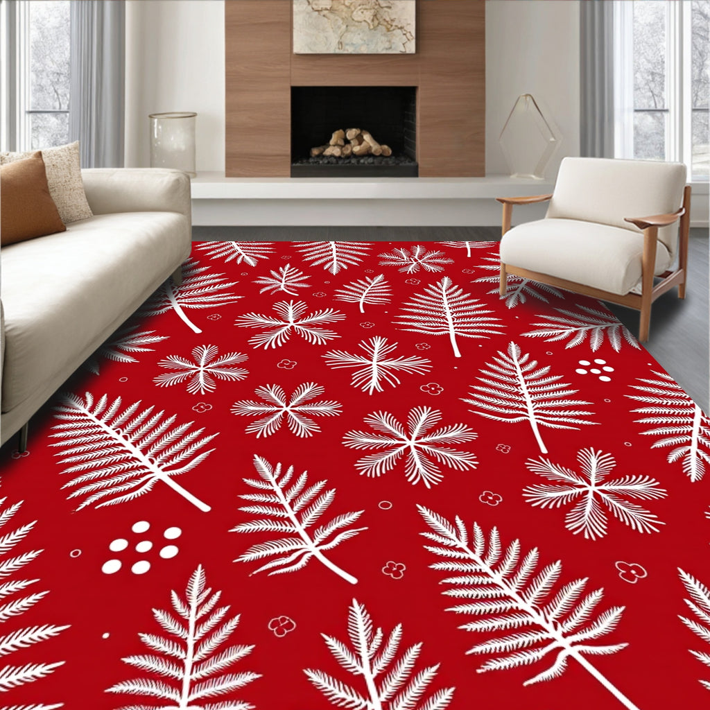 White Fern Leaf Scarlet Background Rug