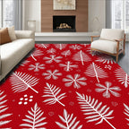 White Fern Leaf Scarlet Background Rug