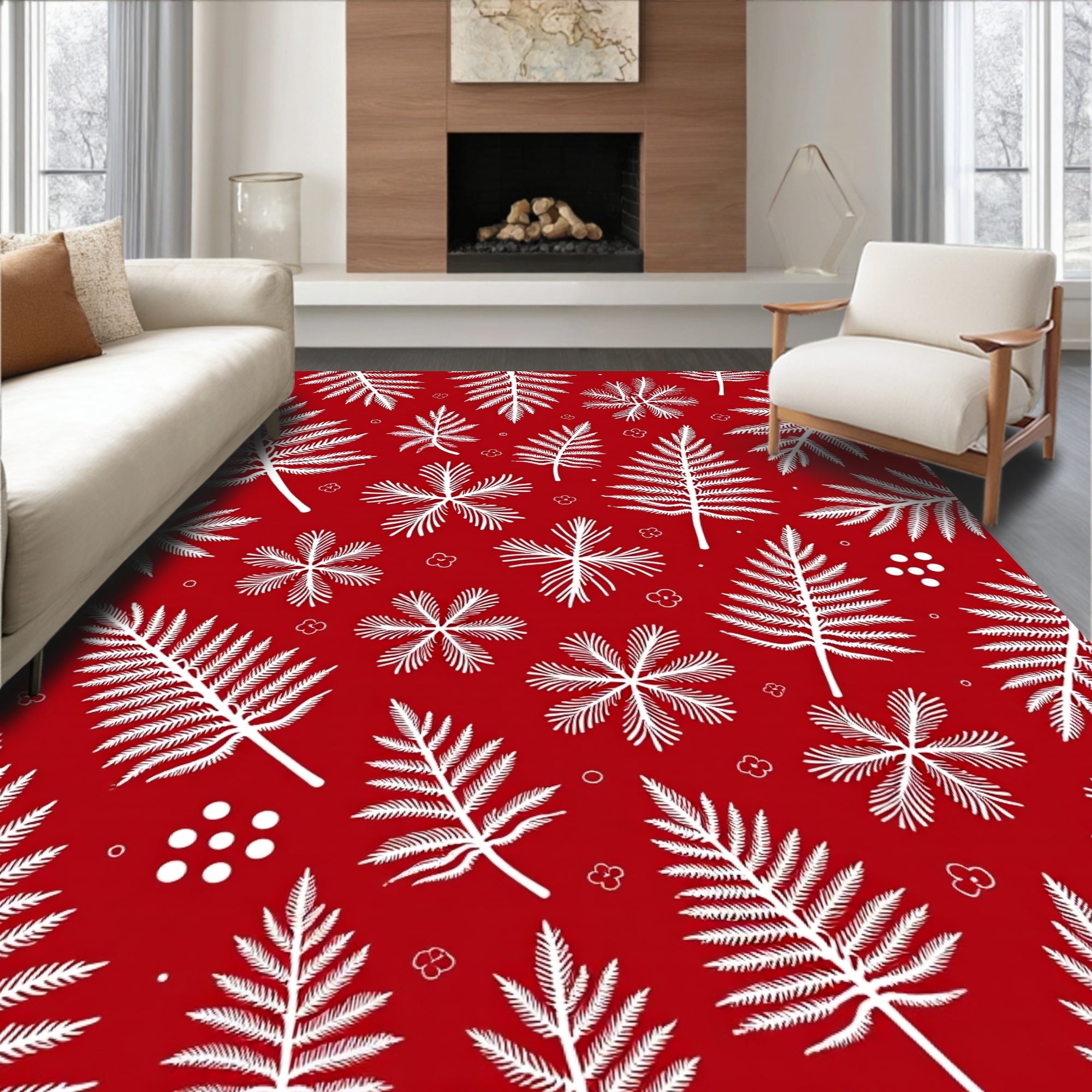 White Fern Leaf Scarlet Background Rug