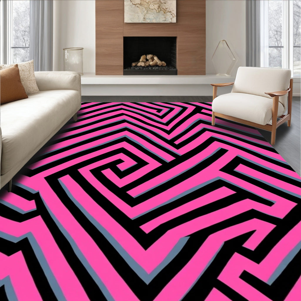 Vibrant Pink Black Labyrinth Maze Rug