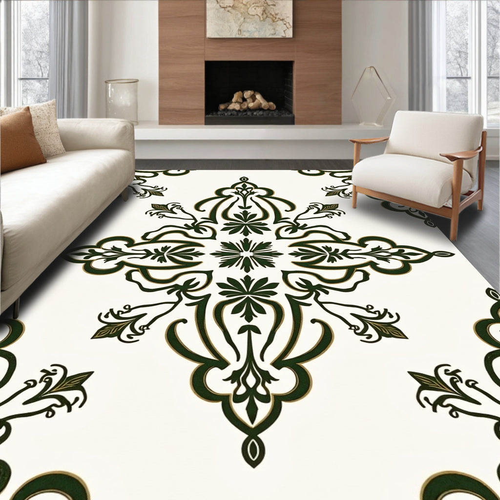 Dark Green Floral Medallion Damask Rug