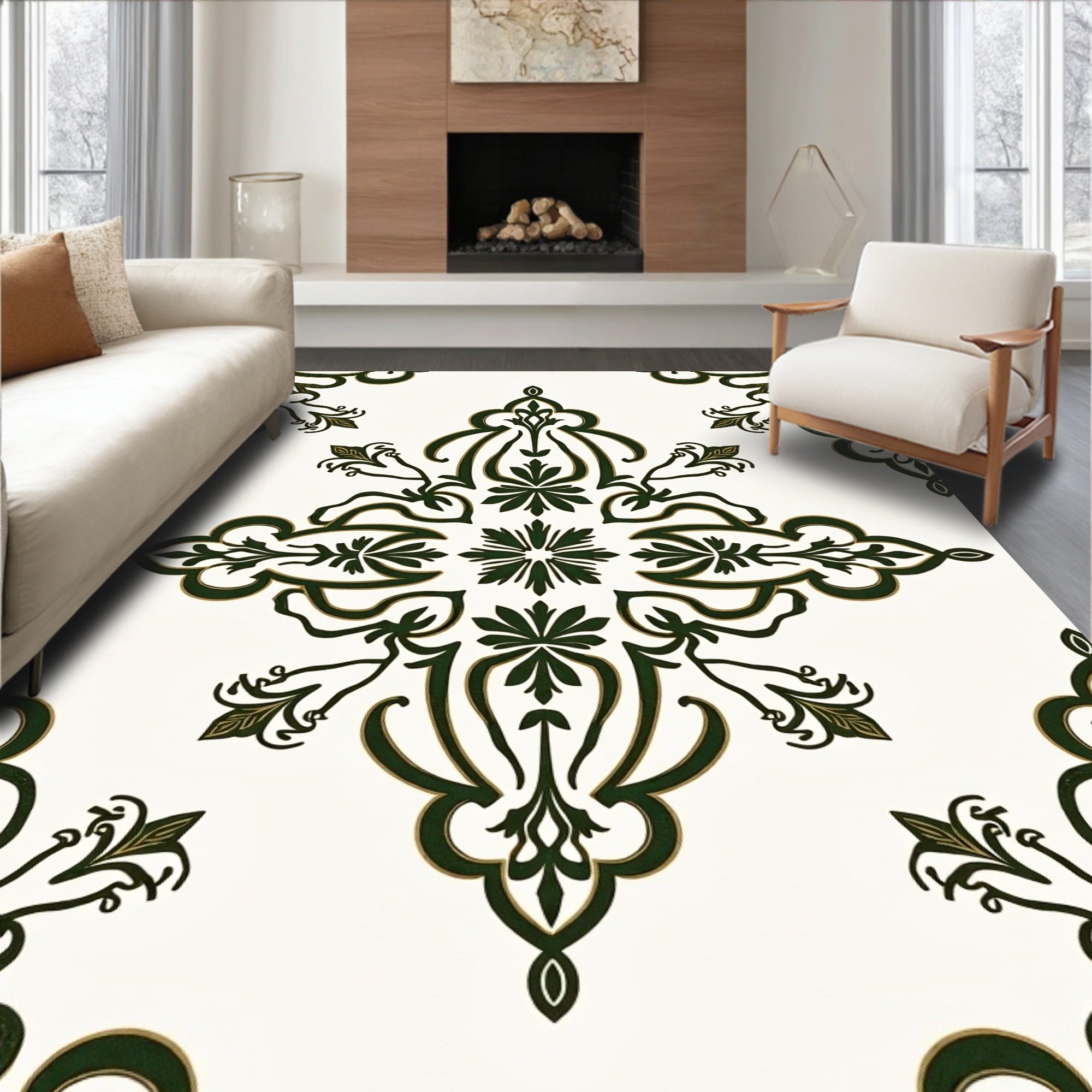 Dark Green Floral Medallion Damask Rug