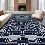 Deep Blue White Geometric Maze Rug