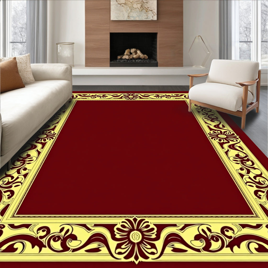 Ornate Gold Floral Border Red Rug