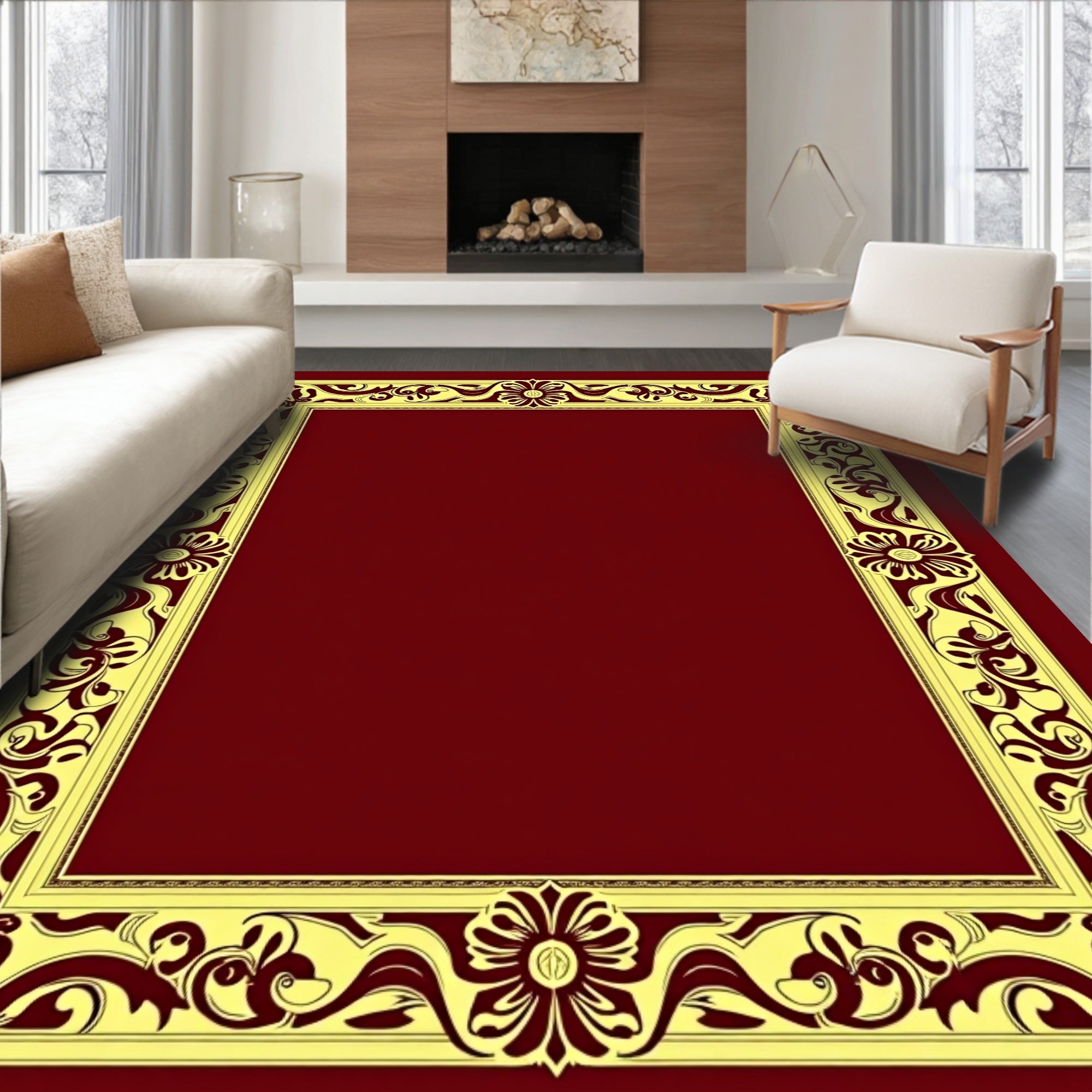 Ornate Gold Floral Border Red Rug