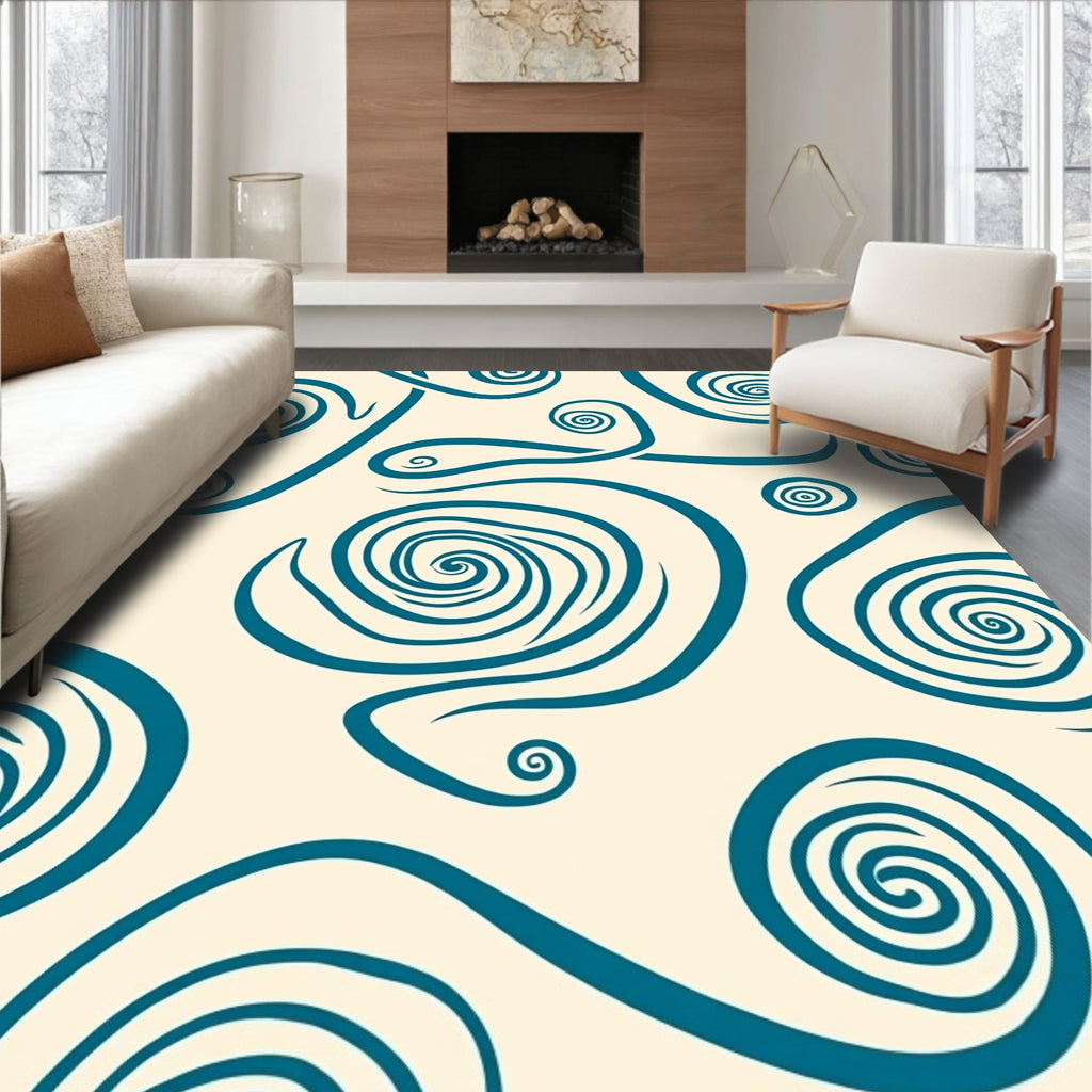 Teal Swirls on Cream Background Rug
