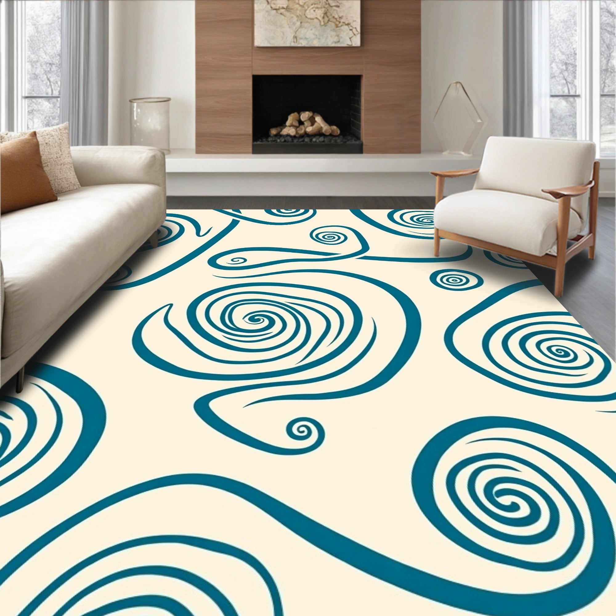 Teal Swirls on Cream Background Rug
